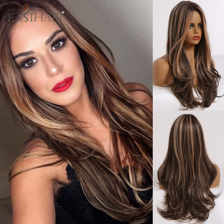 EASIHAIR Long Wavy Brown Synthetic Wigs With Blonde Highlights Cosplay Natural Hair Wigs High Temperature Fiber For Black Women