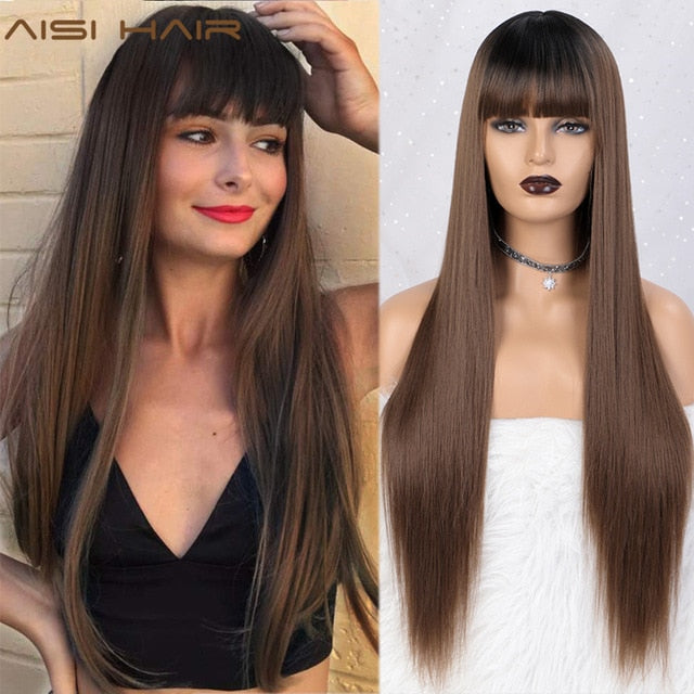 AISI HAIR Long Straight Black Wig Synthetic Wigs for Women Natural Middle Part Lace Wig Heat Resistant Fiber Natural Looking Wig