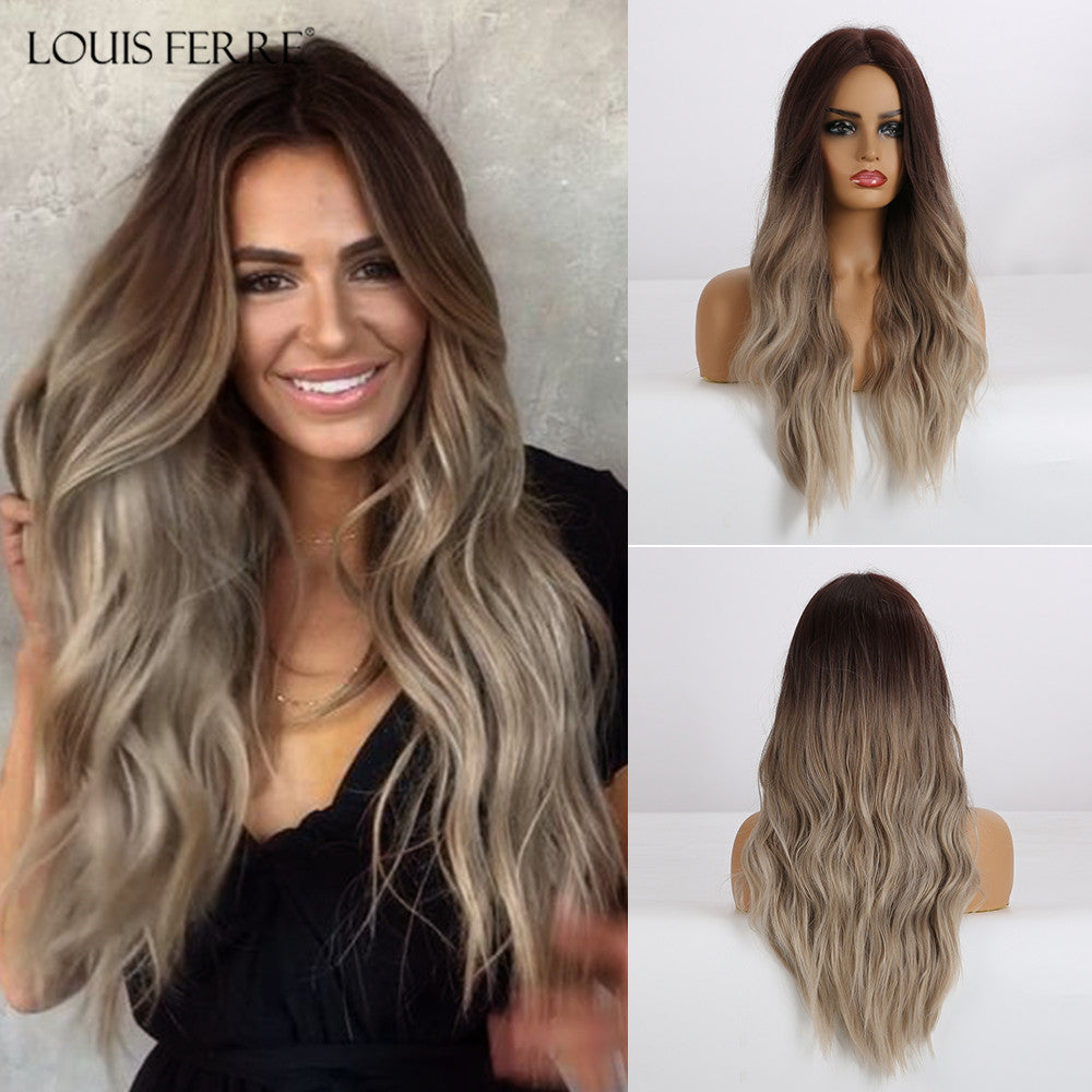 LOUIS FERRE Natural Wave Wig Ombre Black Brown Gray Beige Hair Wig Synthetic Long Wig for Women Middle Part Heat Resistant Fiber
