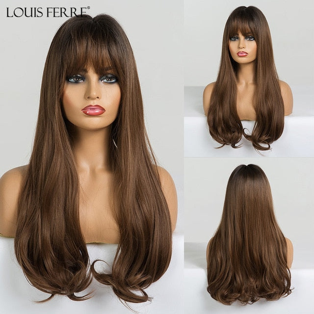 LOUIS FERRE Natural Wave Wig Ombre Black Brown Gray Beige Hair Wig Synthetic Long Wig for Women Middle Part Heat Resistant Fiber