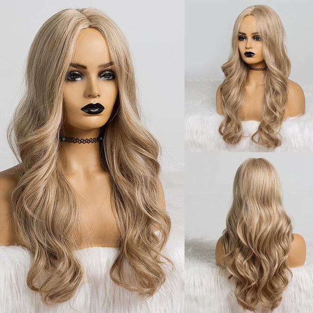 LOUIS FERRE Natural Wave Wig Ombre Black Brown Gray Beige Hair Wig Synthetic Long Wig for Women Middle Part Heat Resistant Fiber