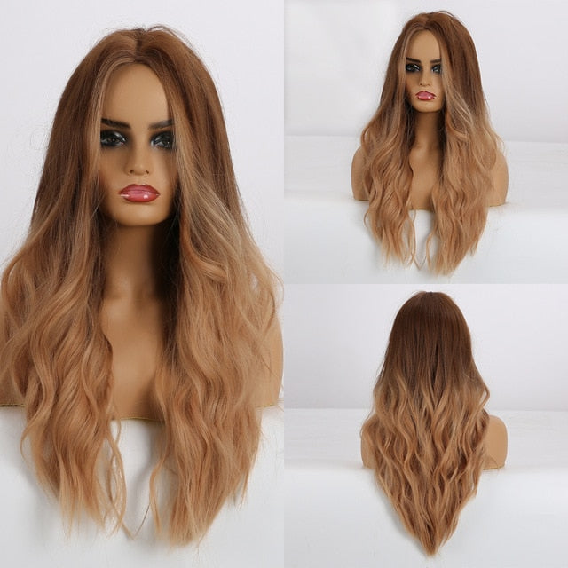 LOUIS FERRE Natural Wave Wig Ombre Black Brown Gray Beige Hair Wig Synthetic Long Wig for Women Middle Part Heat Resistant Fiber