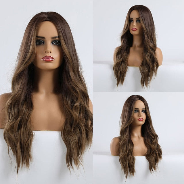 LOUIS FERRE Natural Wave Wig Ombre Black Brown Gray Beige Hair Wig Synthetic Long Wig for Women Middle Part Heat Resistant Fiber