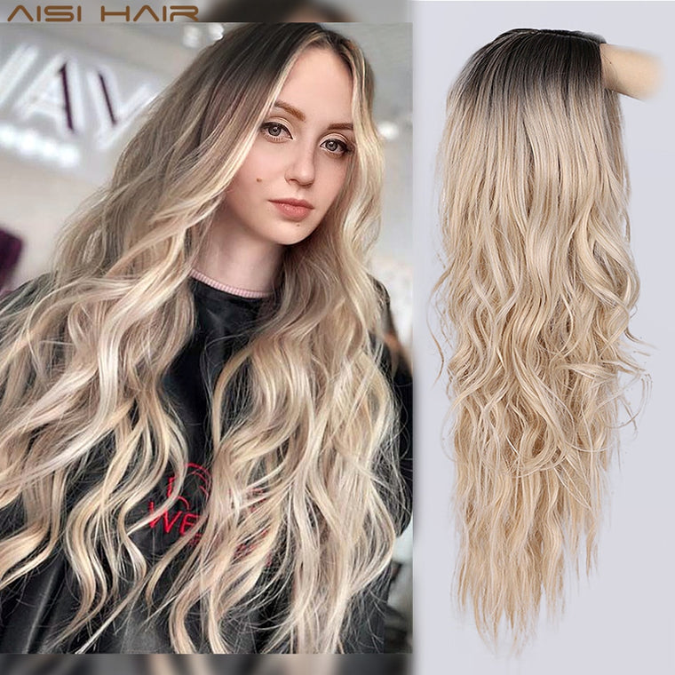 AISI HAIR Long Wavy Ombre Blonde Wig Platinum Blonde Synthetic Wigs for African American Women Two Tone Natural Middle Part Wig