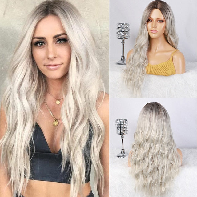 AISI HAIR Long Wavy Ombre Blonde Wig Platinum Blonde Synthetic Wigs for African American Women Two Tone Natural Middle Part Wig